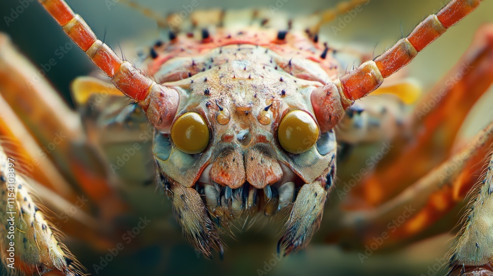 Poster close-up of an intricately detailed insect showcasing vibrant colors and textures in a natural setti