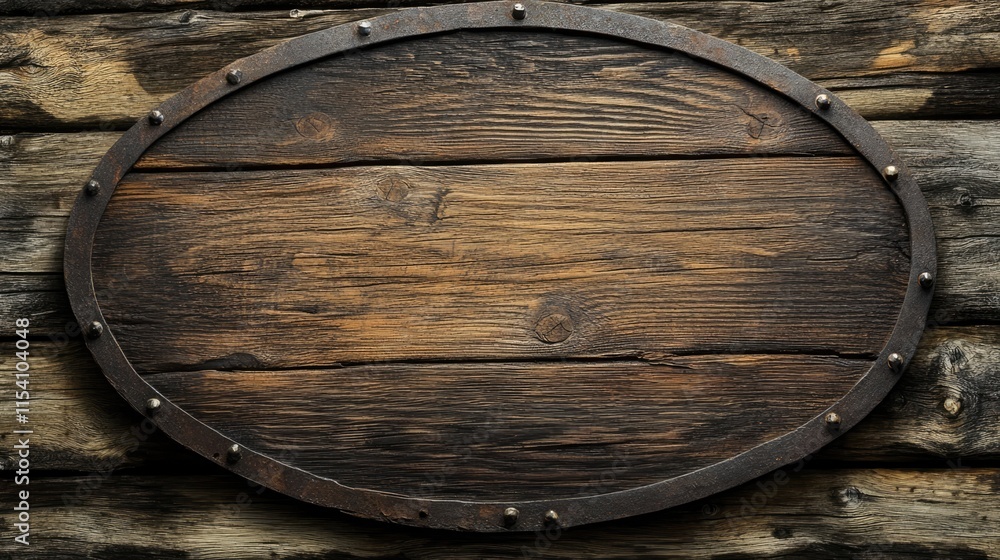 Poster dark wooden oval signboard with rustic background suitable for branding or decorative displays