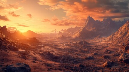 Obraz premium Panoramic view of rocky hillside at sunrise in mountains showcasing vibrant sky and tranquil barren landscape.