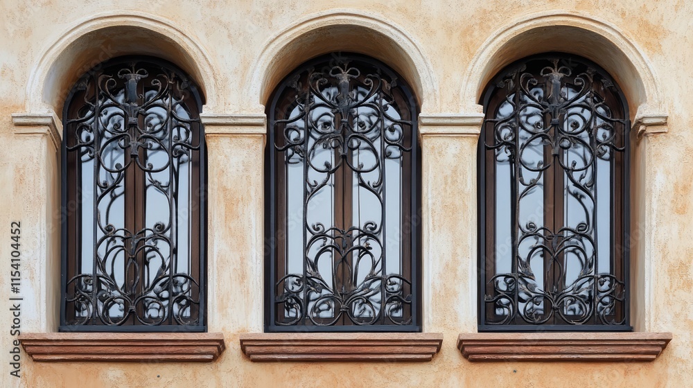 Poster ornate wrought iron grills adorning arched windows adding elegance to architectural design in a text