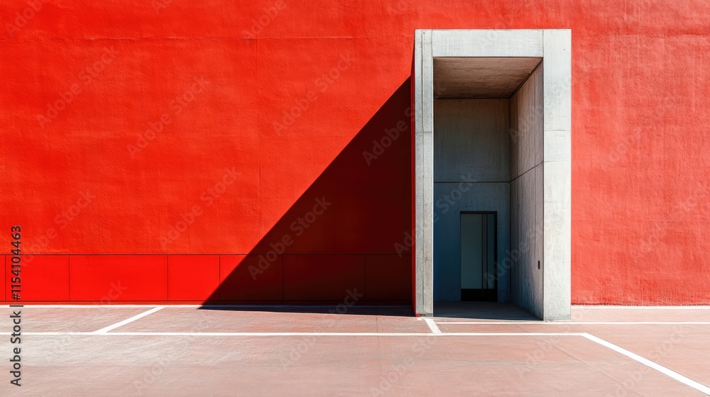 Poster modern architectural design featuring a vibrant red wall and geometric doorway shadowing a minimalis