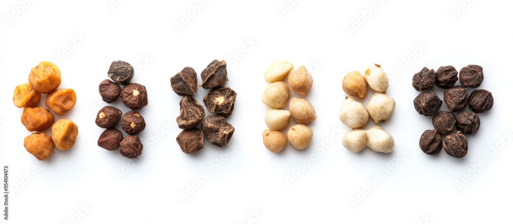 Poster Pepetnoten variety displayed in an organized arrangement on a bright white background showcasing their unique textures and colors