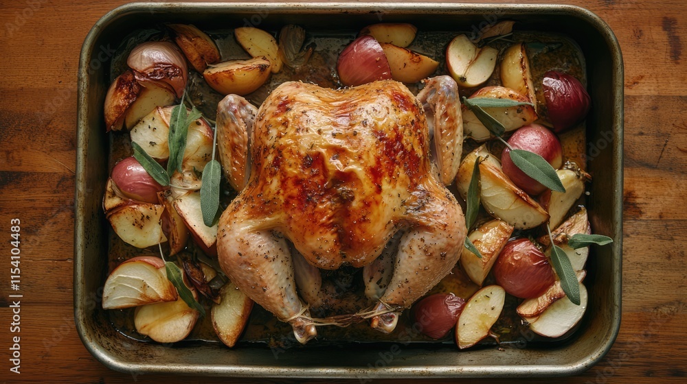Poster oven roasted whole chicken garnished with onion apples and sage served on a rustic wooden tray top v