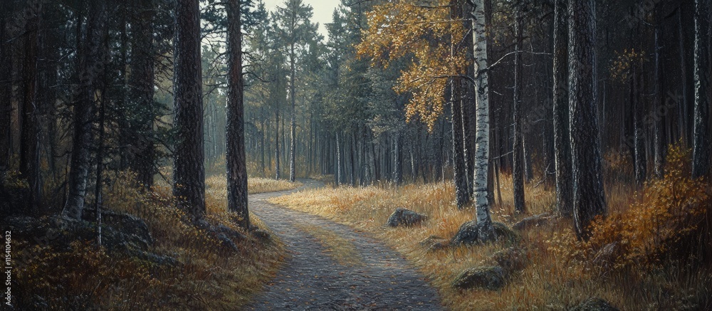 Poster serene autumn path winding through a tranquil forest with golden foliage and tall trees. perfect for