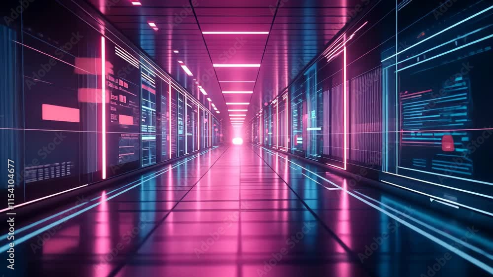Poster futuristic corridor with glowing data streams in a digital landscape, abstract futuristic corridor w