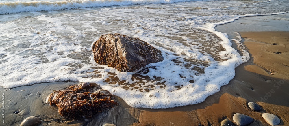 Poster Overhead view of ocean waves crashing against rocky beach shoreline creating white foam and ripples on sandy surface