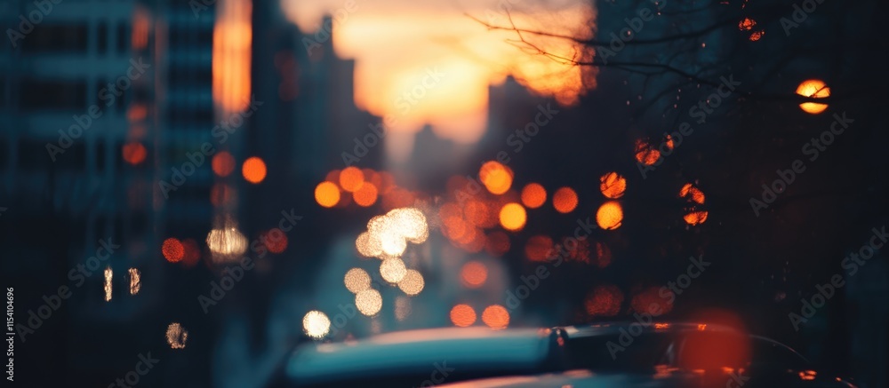 Aufkleber blurred city sunset with colorful bokeh lights creating a dreamy urban atmosphere during dusk moment