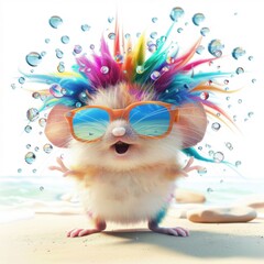 Cute funny hamster with colorful hair enjoying a sunny beach day with bubbles and sunglasses