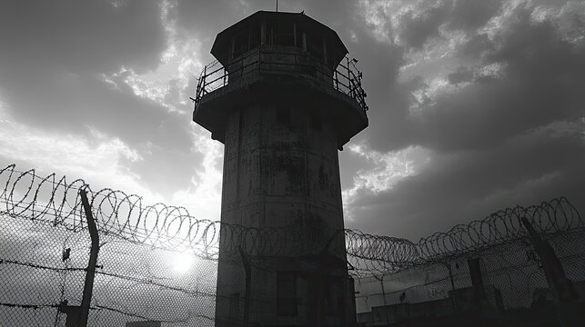 Guard tower in prison and barbed wire fence on jail border. with copy space