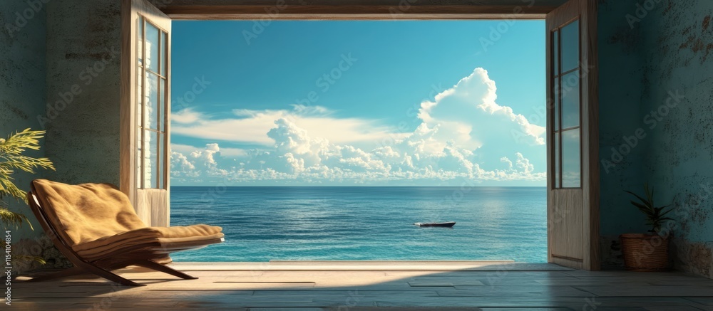 Poster tranquil ocean view from an open window showcasing serene waters and fluffy clouds in a peaceful coa