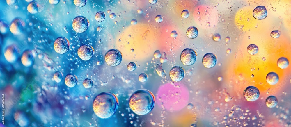 Poster colorful abstract background with raindrops on glass surface reflecting light and creating a dreamy 