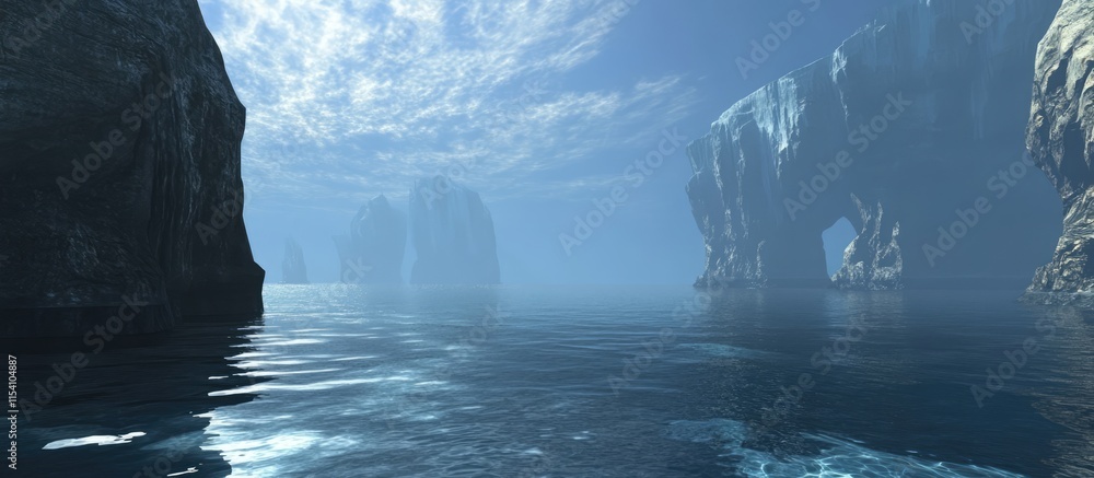 Aufkleber serene ocean view featuring misty cliffs and tranquil waters under a cloudy sky creating a soothing 