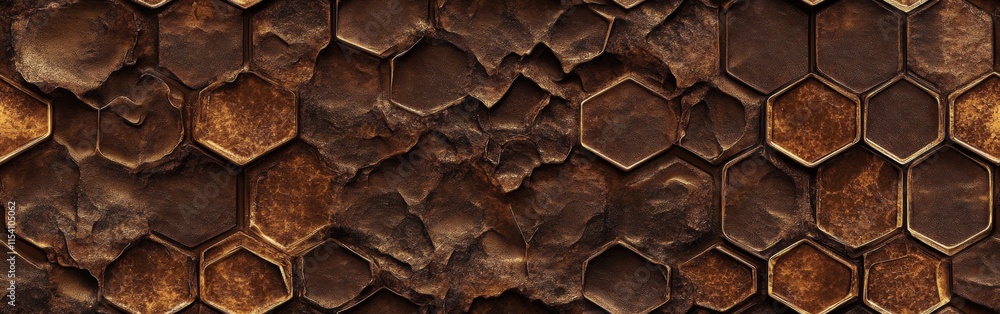 Poster textured hexagonal pattern featuring dark brown hues and weathered surfaces in close up perspective.