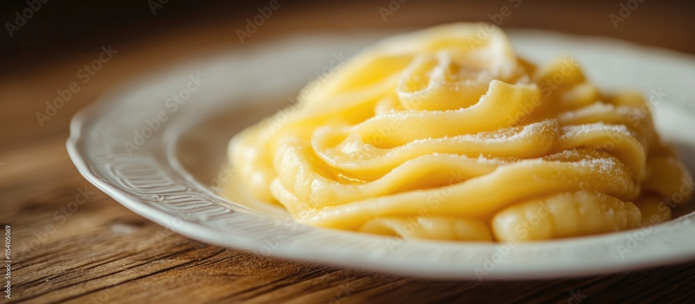 Poster gnocchi served elegantly on a white plate showcasing its texture against a rustic wooden table backg