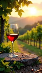 Elegant wine glass resting on a stone path amidst a lush vineyard landscape at golden hour, stone, wine glass