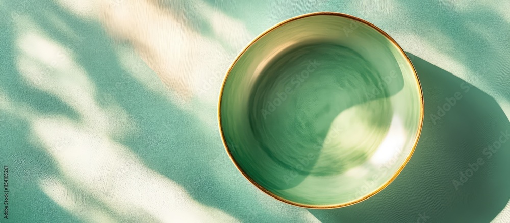 Poster pastel green ceramic plate over soft mint background with gentle shadows highlighting its elegant de