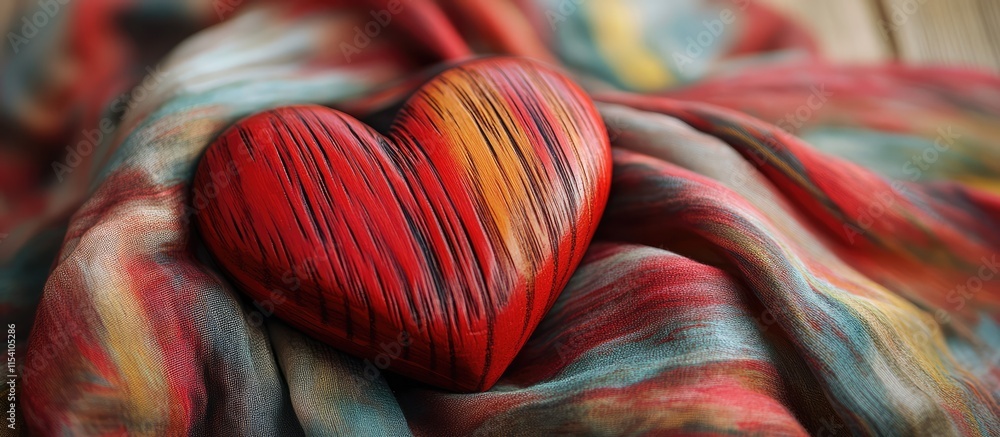 Poster heart-shaped paper holder on colorful silk scarf background showcasing artistic design and warmth in
