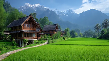Obraz premium Wooden houses on stilts in lush green rice paddy fields with majestic mountains in background.
