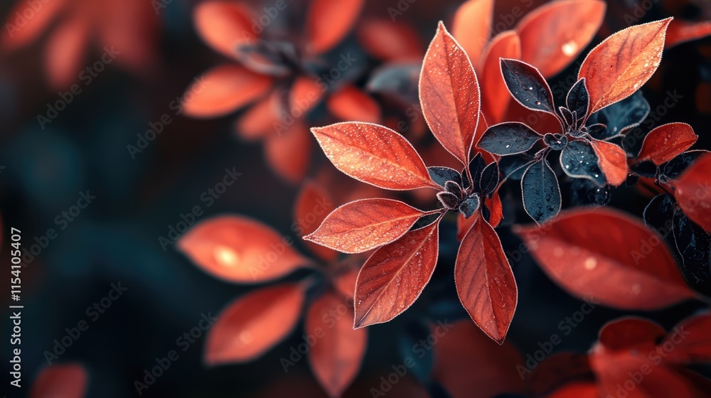 Poster frosted ornamental shrub leaves showcasing vibrant red hues under soft lighting in a serene botanica