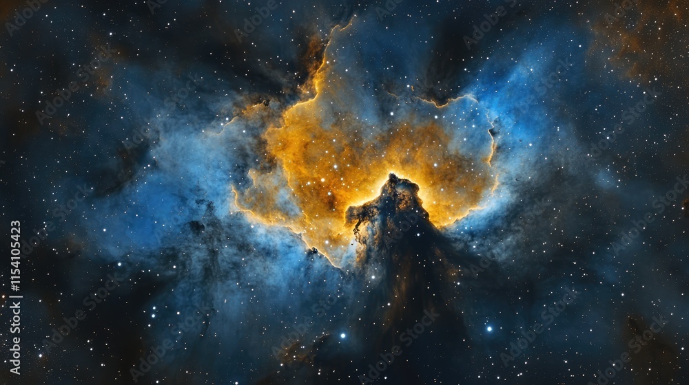 Poster vibrant cosmic nebula with fiery orange and deep blue colors in outer space environment full of star