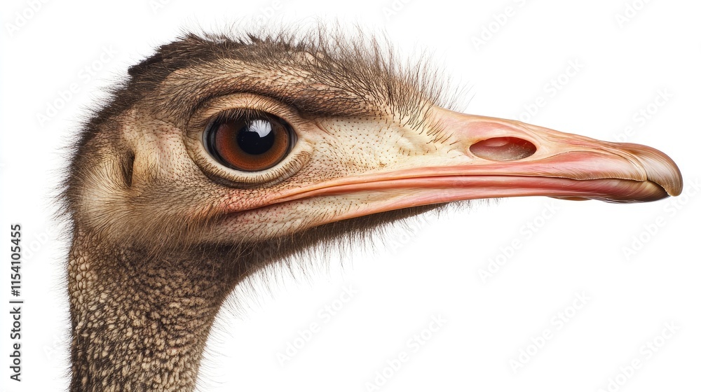 Poster ostrich head close-up on a white background showcasing detailed features and textures of the bird's 