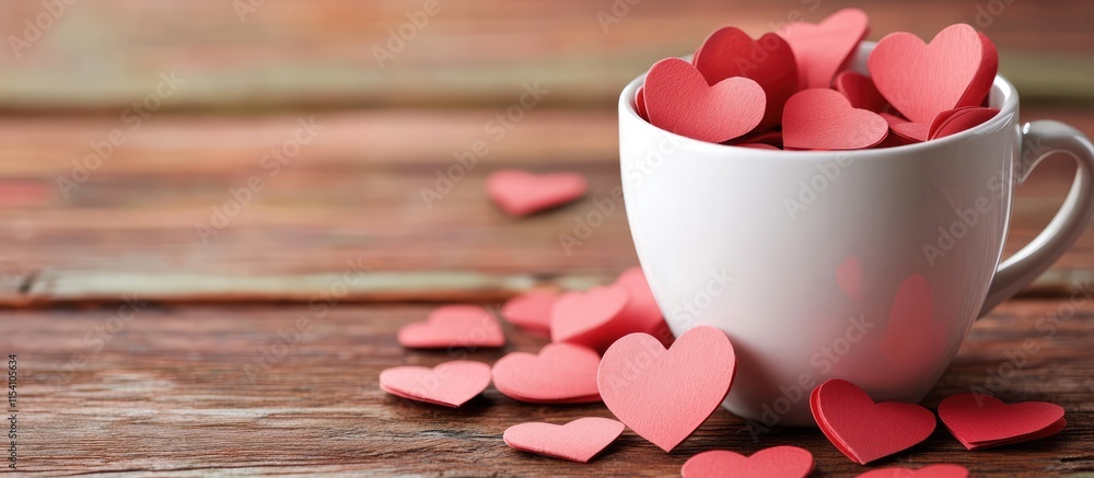 Poster spilled red paper hearts from a white cup on a rustic wooden surface representing love and affection