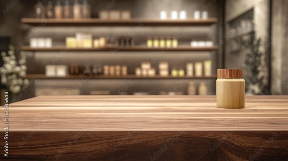 Poster wooden countertop with jar in focus against a blurred retail backdrop for product display mockup in 