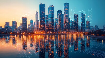 Fototapeta premium City Skyline Reflecting on Water at Dusk With Illuminated Buildings and Digital Overlay