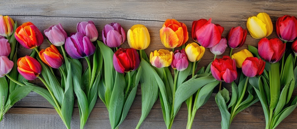 Poster Overhead view of colorful tulips arranged on a wooden tabletop with a blank card for personalized messages and greetings