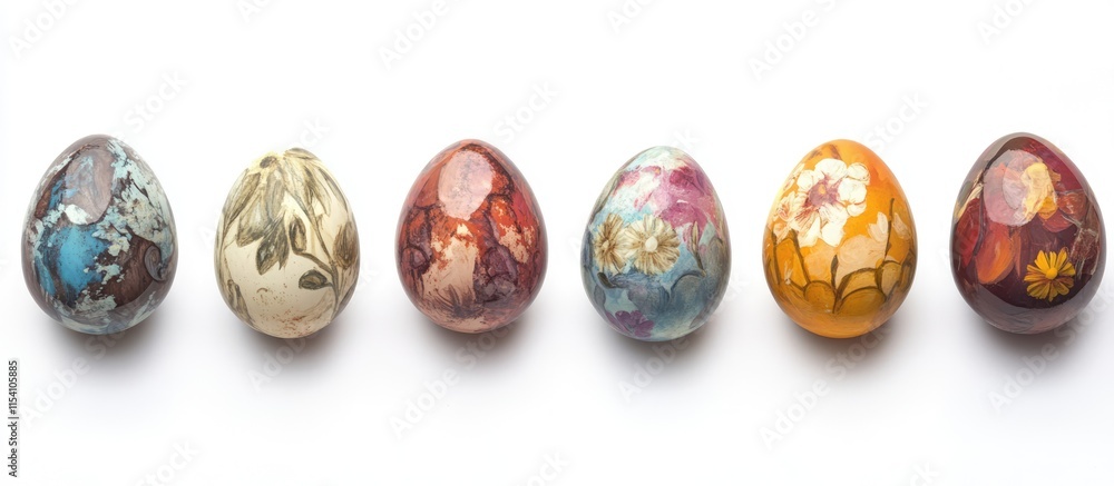 Poster colorful hand-painted easter eggs arranged in a row isolated on a white background showcasing intric