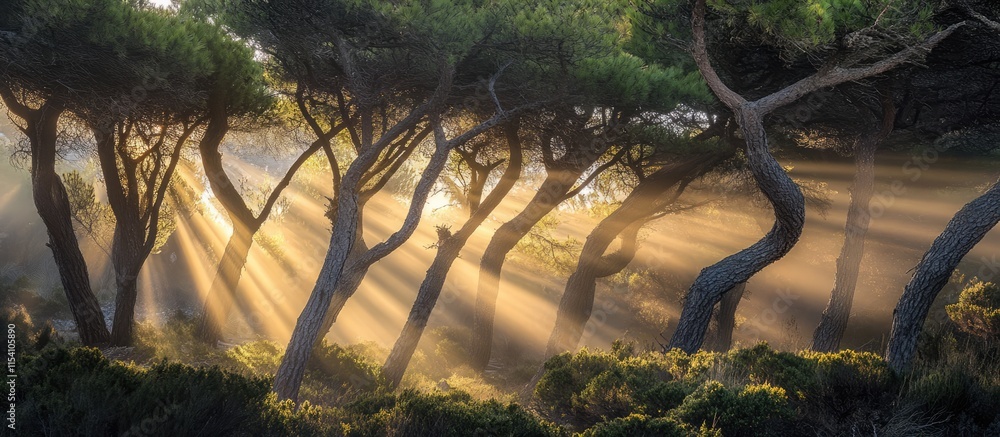 Poster sunlight filtering through pine canopy in enchanted forest creating a magical atmosphere with dramat