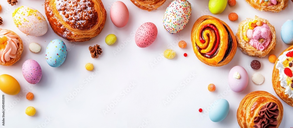 Poster easter themed pastries and sweets with colorful eggs on a white background top view featuring space 