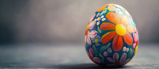 Colorful hand-painted Easter egg with floral designs on a gray textured background representing spring festivities and traditions.