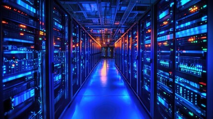 Fototapeta premium A futuristic data center with rows of server cabinets, illuminated by blue lights and holographic projections.
