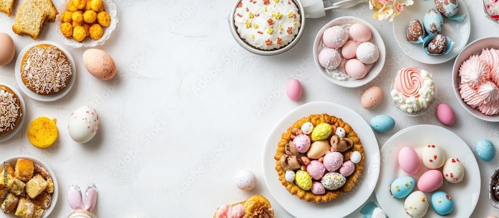 Aufkleber easter themed pastry and sweets assortment with colorful eggs on a white background ideal for festiv