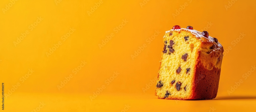 Poster traditional panettone cake slice showcasing texture and color on vibrant orange background with ampl