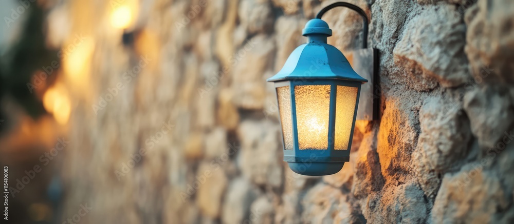 Poster rustic stone wall illuminated by a vintage blue lantern creating a warm and inviting atmosphere with