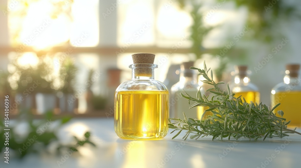 Aufkleber bottles of essential oil with fresh herb sprigs on a white table in a serene natural setting highlig
