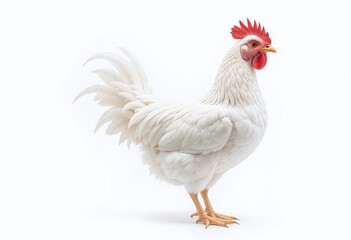 Fototapeta premium Majestic white rooster standing against a clean white background, showcasing its striking plumage and red comb.