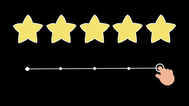 5 star rating animation with hand. Rating five stars on black background. 4k video. Yellow 5 Stars Review or rating concept for customer feedback