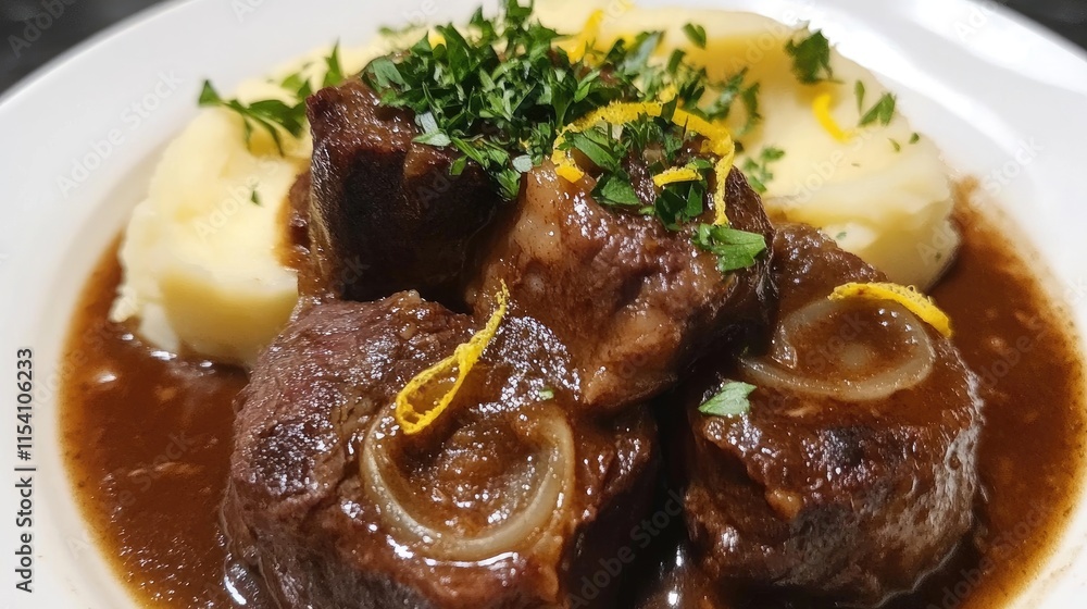 Poster osso bucco beef stew served with creamy potato mash garnished with fresh parsley and citrus zest for