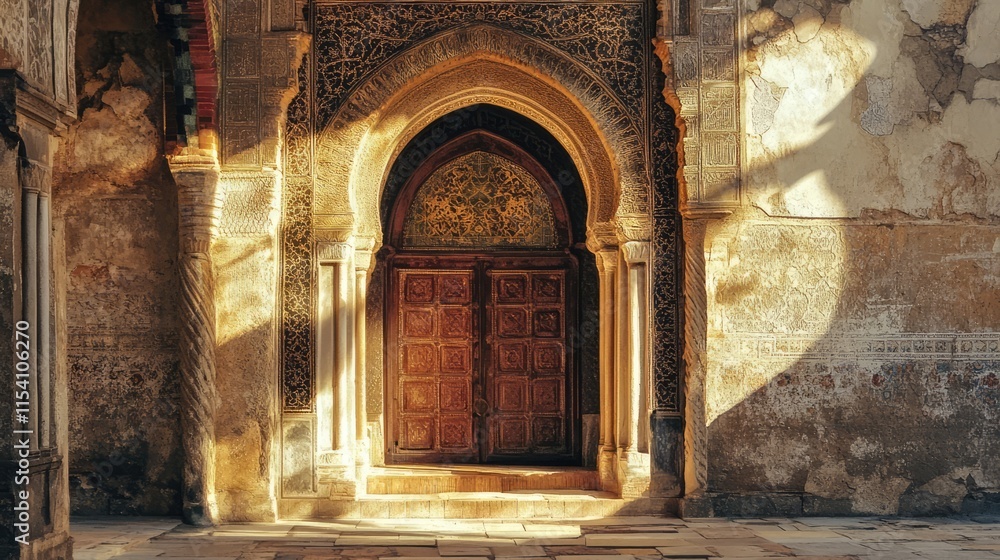 Poster ornate arched doorway with intricate patterns illuminating the entrance of an ancient monastery in w