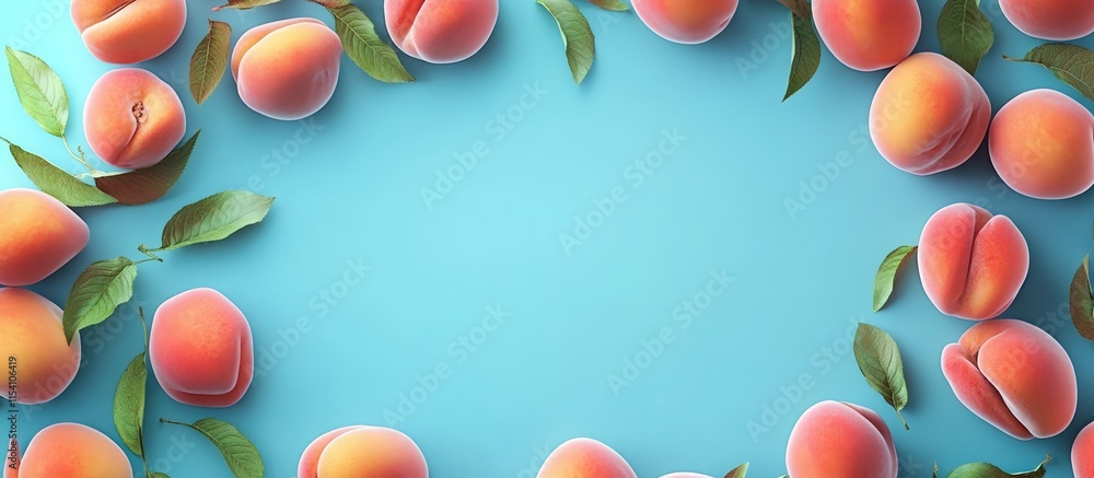 Poster Fresh peaches arranged in a circular frame on a pastel blue backdrop with green leaves creating a vibrant and colorful flat lay composition