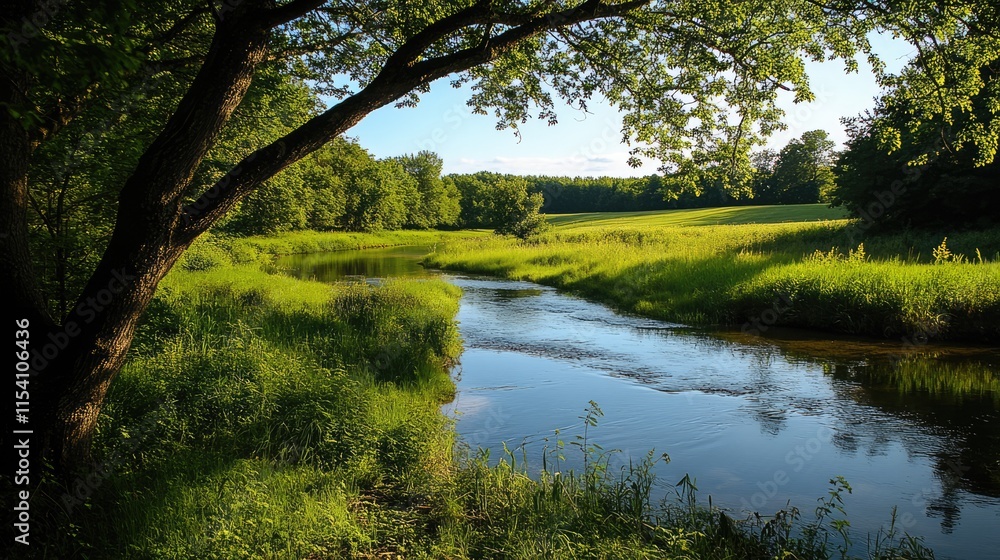 Poster tranquil riverside landscape surrounded by lush greenery and trees under a clear blue sky in a seren