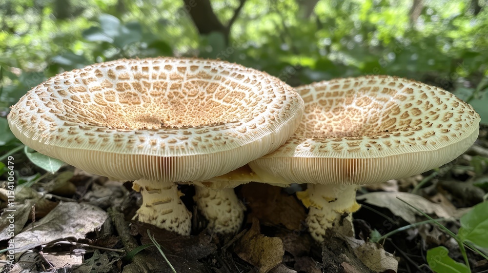 Aufkleber overgrown mushrooms in a mixed forest thriving under sunlight creating a serene natural atmosphere