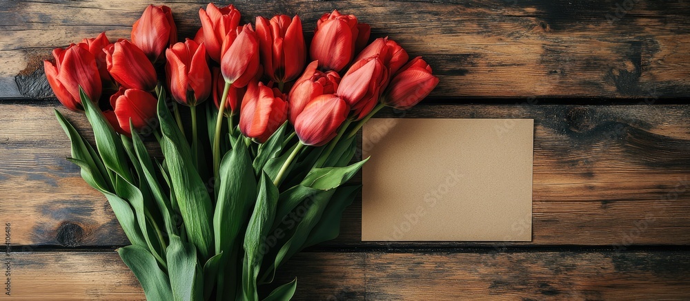 Aufkleber Overhead view of a blank card next to a vibrant tulip bouquet on a rustic wooden table in a flat lay arrangement