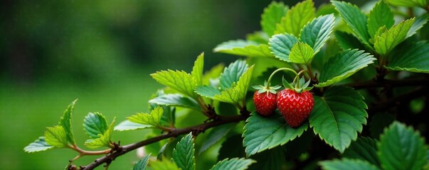 A small strawberry bush nestled in the spruce branches, bush, garden