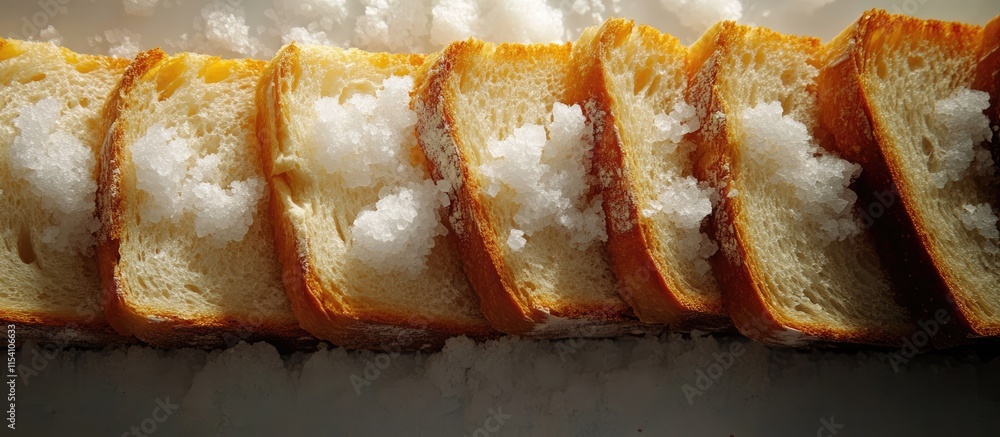 Poster sliced bread arranged with a sprinkle of salt highlighting a simple yet traditional culinary practic