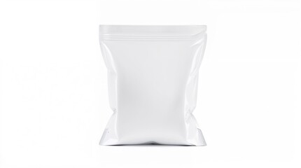 Glossy pouch template, blank white, isolated on white, lit by strong hard light, creating direct harsh shadows.