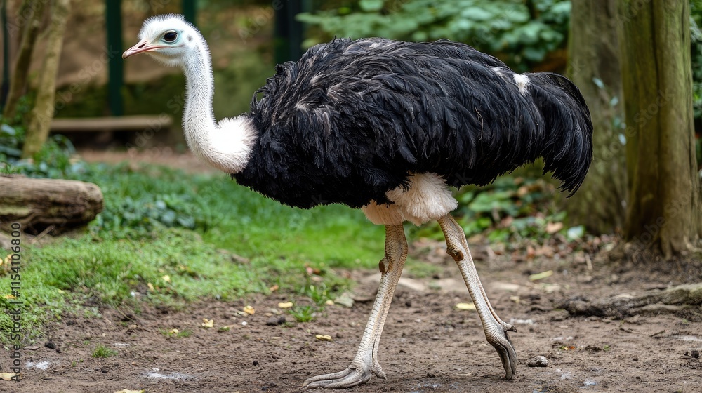 Poster ostrich walking in a lush zoo environment showcasing its distinct black and white feathers and uniqu